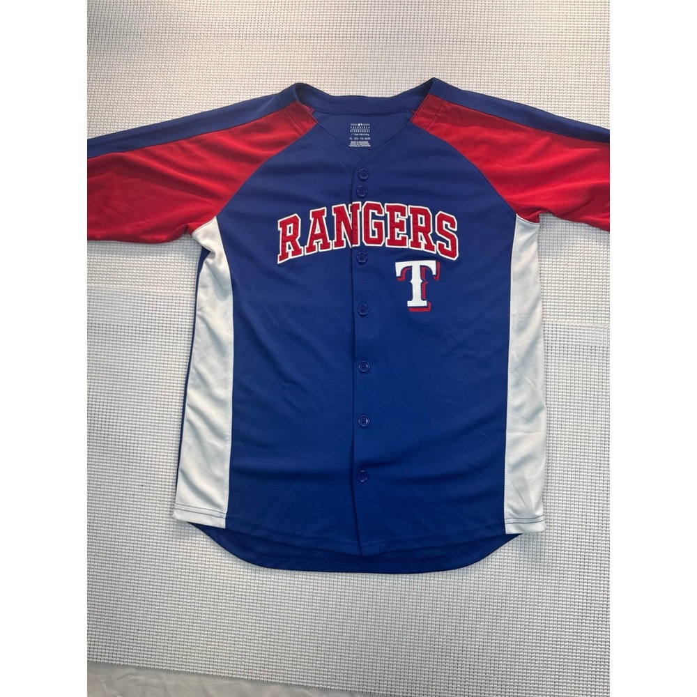 Texas Rangers MLB Button Up Jersey Blue Red White Genuine Merchandise XL 18-20